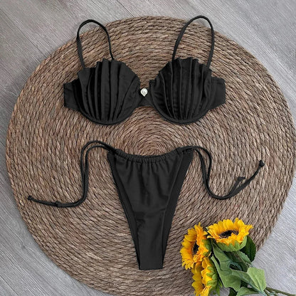 Swimsuits - Two-Piece Accordion Swimsuit Elegant Beachwear Ruched Bra