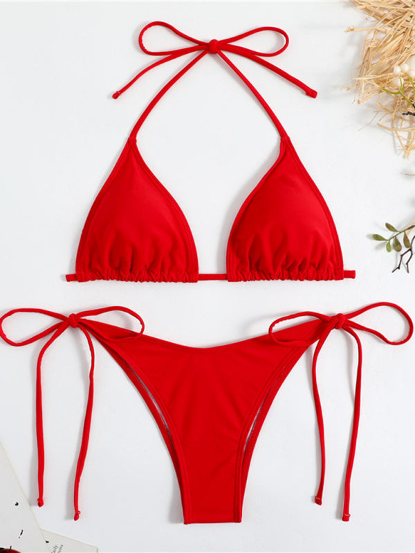 Swimsuits- Vacay Essentials Solid 2-Piece Swimsuit - Triangle Bra & Tie-Side Bikini- - Pekosa Women Fashion