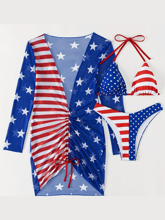 Swimsuits- USA Flag Bra, Bikini, and Cover-Up Set for Women- Blue- Pekosa Women Fashion
