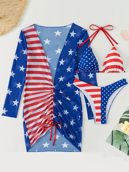 Swimsuits- USA Flag Bra, Bikini, and Cover-Up Set for Women- - Pekosa Women Fashion