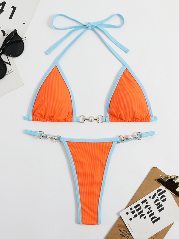 Swimwear- 2 Piece Swimsuit - Micro Bikini & Triangle Bra in Contrast Binding- - Pekosa Women Fashion