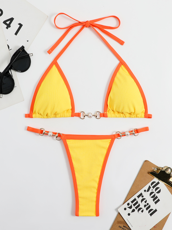 Swimwear- 2 Piece Swimsuit - Micro Bikini & Triangle Bra in Contrast Binding- - Pekosa Women Fashion