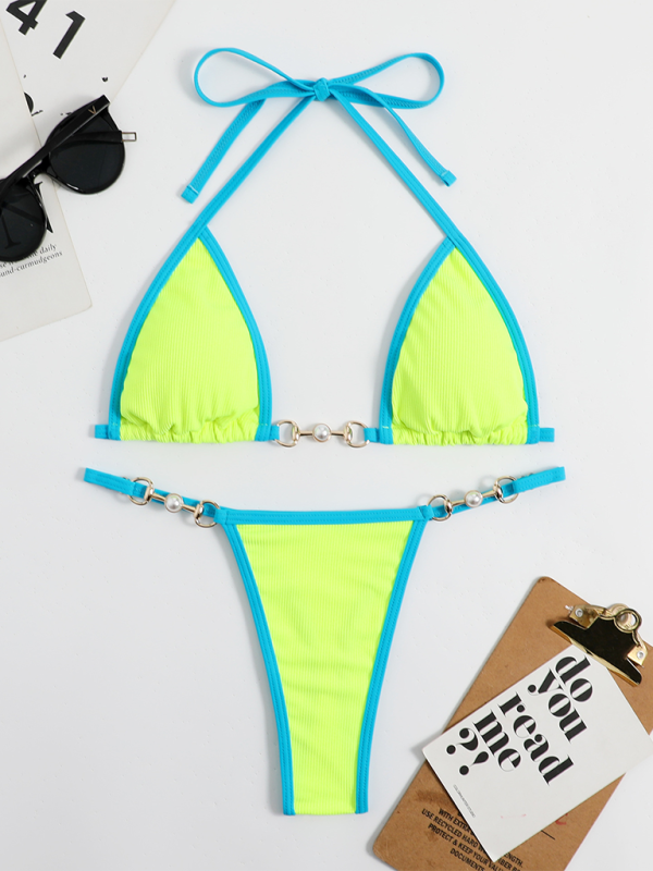 Swimwear- 2 Piece Swimsuit - Micro Bikini & Triangle Bra in Contrast Binding- - Pekosa Women Fashion