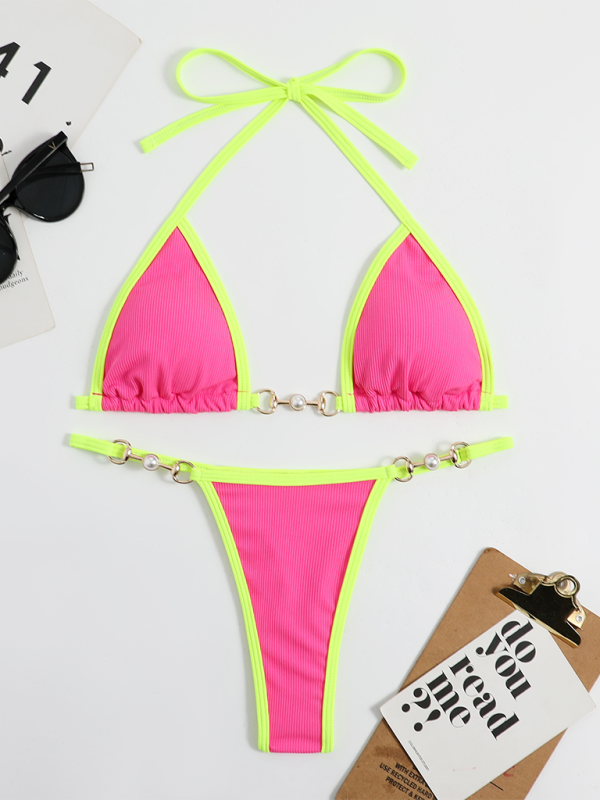 Swimwear- 2 Piece Swimsuit - Micro Bikini & Triangle Bra in Contrast Binding- - Pekosa Women Fashion