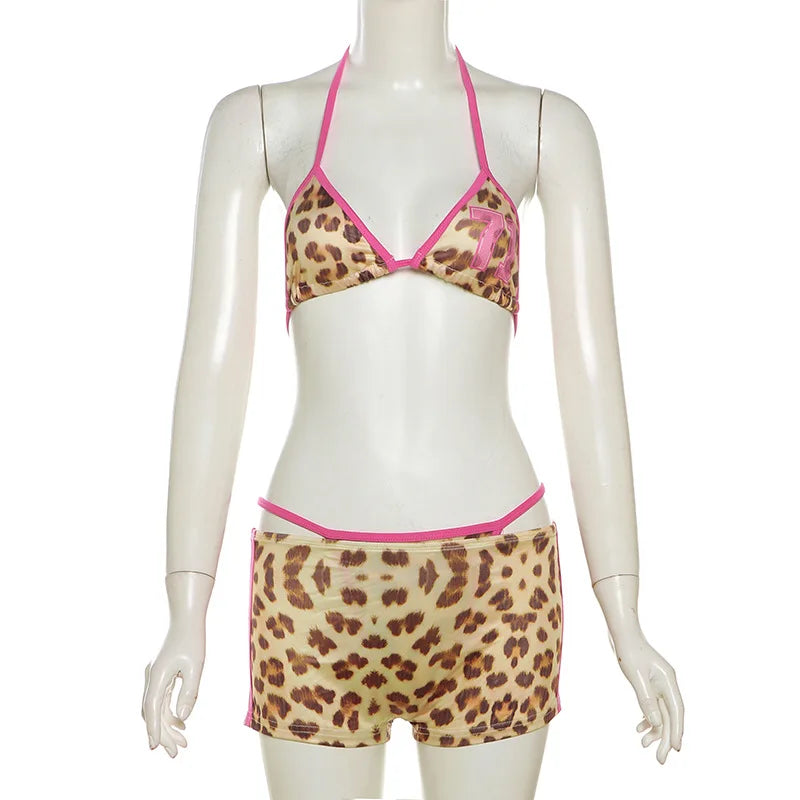 Swimwear- 3-Piece Leopard Print Bikini Triangle Bra Swimsuit Set with Boyshorts- - Pekosa Women Fashion