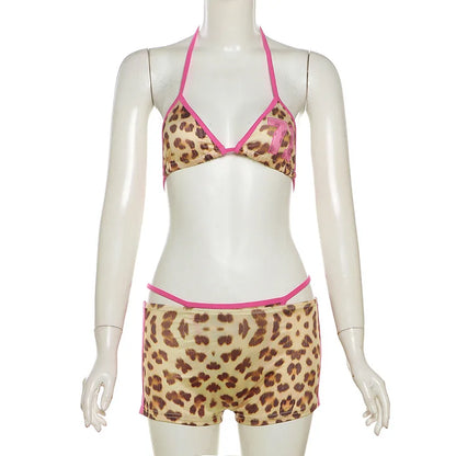 Swimwear- 3-Piece Leopard Print Bikini Triangle Bra Swimsuit Set with Boyshorts- - Pekosa Women Fashion