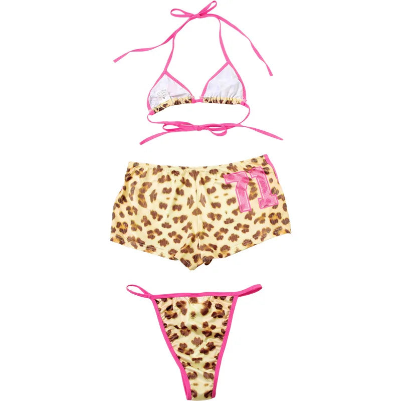 Swimwear- 3-Piece Leopard Print Bikini Triangle Bra Swimsuit Set with Boyshorts- - Pekosa Women Fashion