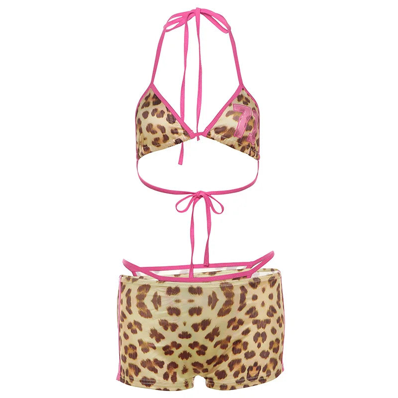 Swimwear- 3-Piece Leopard Print Bikini Triangle Bra Swimsuit Set with Boyshorts- - Pekosa Women Fashion