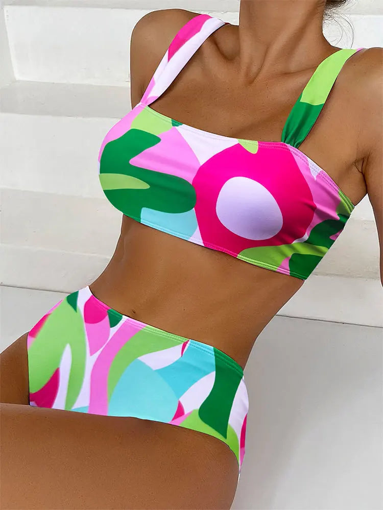 Swimwear- 2-Piece Artistic Swimsuit - Bikini for Summer Fun- Green RoseRed- Pekosa Women Fashion