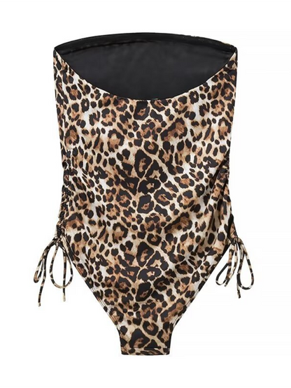 Swimwear- Animal Print Bandeau One-Piece Swimsuit for Women with Ruched Sides- - Pekosa Women Fashion