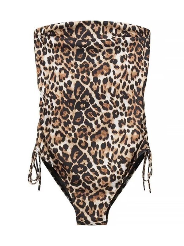 Swimwear- Animal Print Bandeau One-Piece Swimsuit for Women with Ruched Sides- - Pekosa Women Fashion