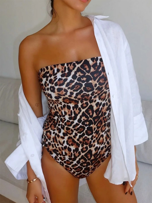 Swimwear- Animal Print Bandeau One-Piece Swimsuit for Women with Ruched Sides- Leopard- Pekosa Women Fashion