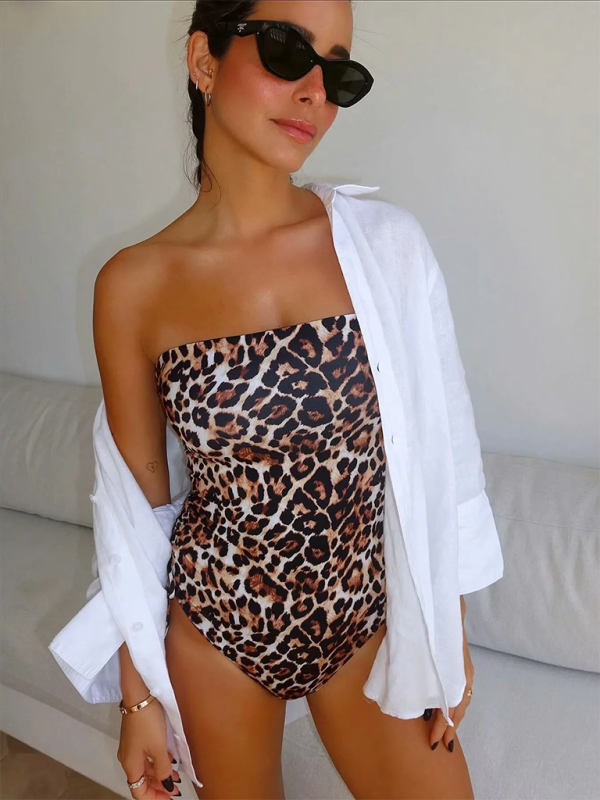 Swimwear- Animal Print Bandeau One-Piece Swimsuit for Women with Ruched Sides- - Pekosa Women Fashion