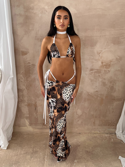 Bikini mit Animalprint, Triangel-BH und Rock, 3-teilige Bademode