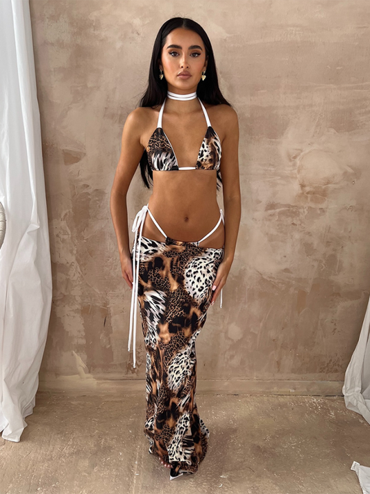 Animal Print Bikini with Triangle Bra and Skirt 3 Piece Swimwear