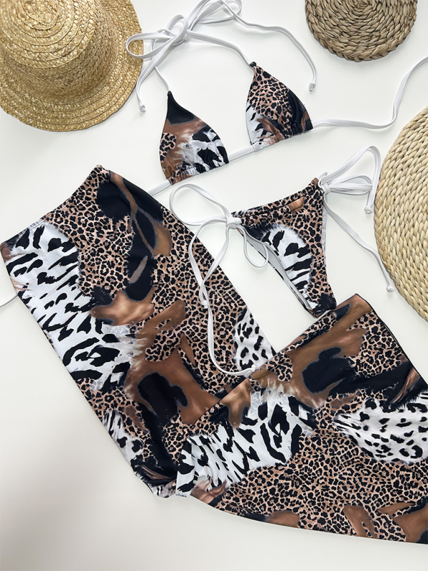 Animal Print Bikini with Triangle Bra and Skirt 3 Piece Swimwear