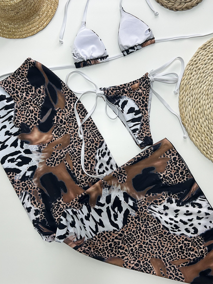 Animal Print Bikini with Triangle Bra and Skirt 3 Piece Swimwear