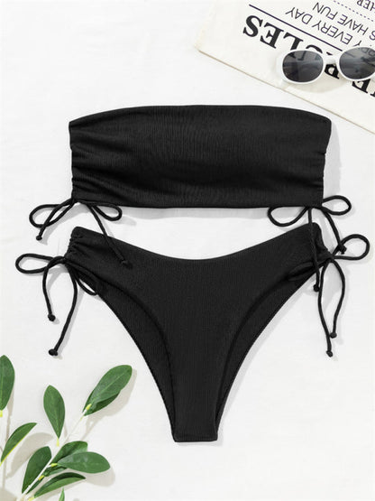 Swimwear- Bandeau Bra & High-Cut Bikini in 2 Piece Textured Ruched Sides Swimsuit- Black- Pekosa Women Fashion