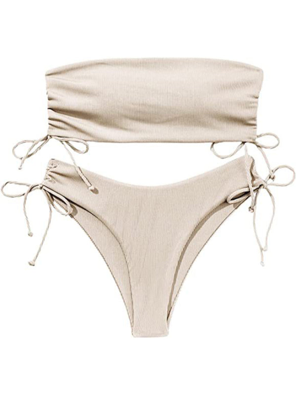 Swimwear- Bandeau Bra & High-Cut Bikini in 2 Piece Textured Ruched Sides Swimsuit- White- Pekosa Women Fashion