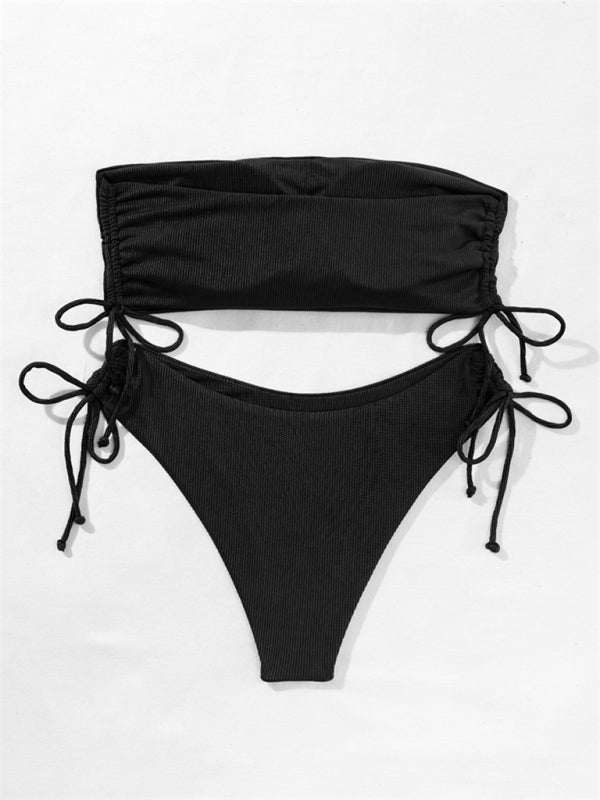 Swimwear- Bandeau Bra & High-Cut Bikini in 2 Piece Textured Ruched Sides Swimsuit- - Pekosa Women Fashion