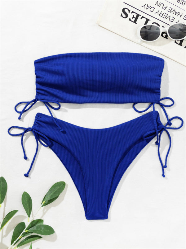 Swimwear- Bandeau Bra & High-Cut Bikini in 2 Piece Textured Ruched Sides Swimsuit- - Pekosa Women Fashion