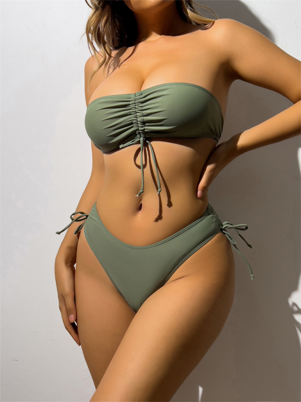 Swimwear- Bandeau Swimsuit with Ruched Mid-Rise Bikini & Tube Bra- Olive green- Pekosa Women Fashion