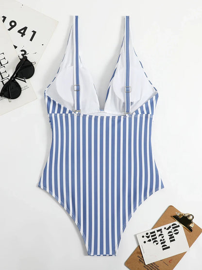 Swimwear- Beach Babe Essential Women's Plunging Striped One Piece Swimwear- - Pekosa Women Fashion