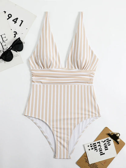 Swimwear- Beach Babe Essential Women's Plunging Striped One Piece Swimwear- - Pekosa Women Fashion