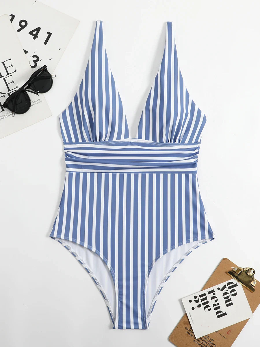 Swimwear- Beach Babe Essential Women's Plunging Striped One Piece Swimwear- - Pekosa Women Fashion