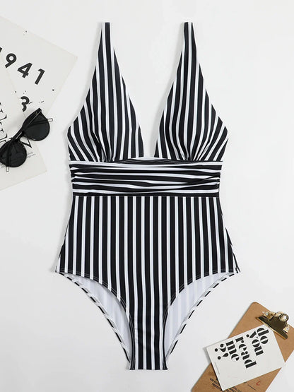 Swimwear- Beach Babe Essential Women's Plunging Striped One Piece Swimwear- - Pekosa Women Fashion