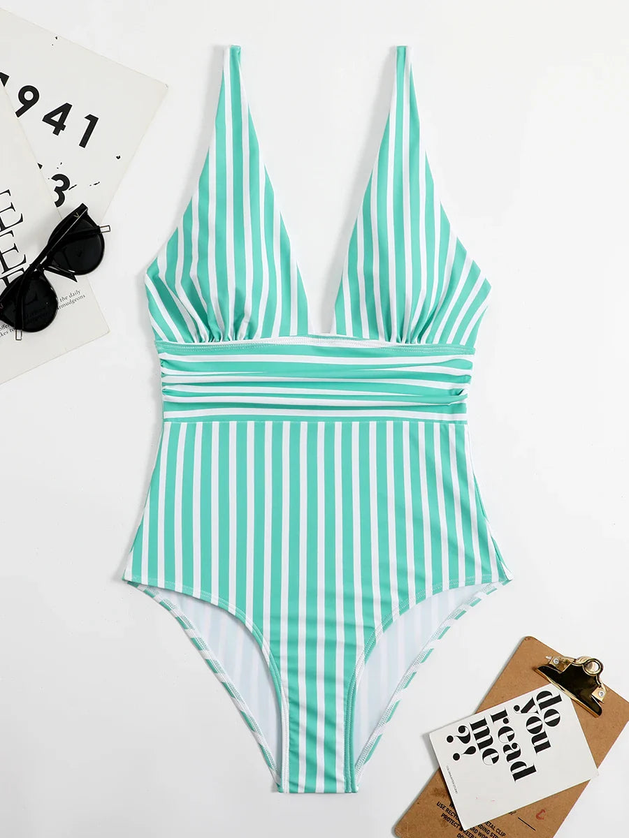 Swimwear- Beach Babe Essential Women's Plunging Striped One Piece Swimwear- - Pekosa Women Fashion