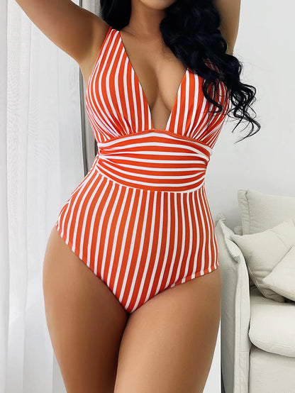 Swimwear- Beach Babe Essential Women's Plunging Striped One Piece Swimwear- Red- Pekosa Women Fashion