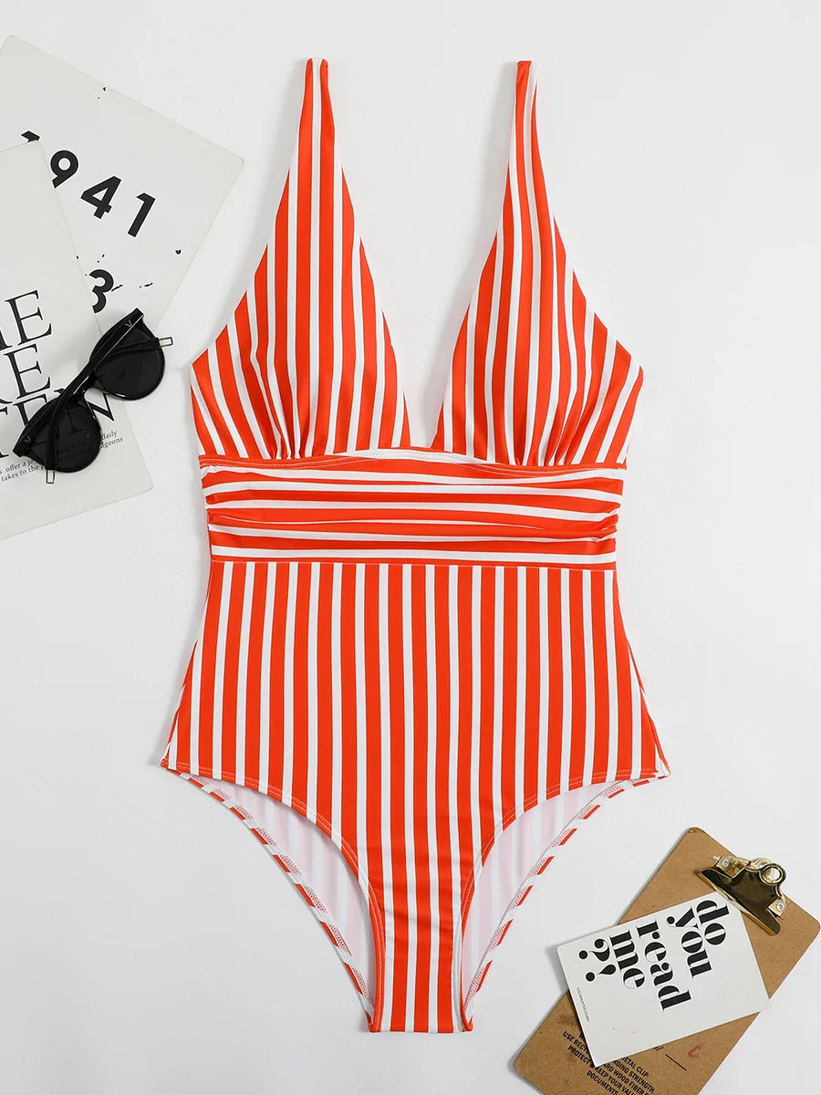 Swimwear- Beach Babe Essential Women's Plunging Striped One Piece Swimwear- - Pekosa Women Fashion