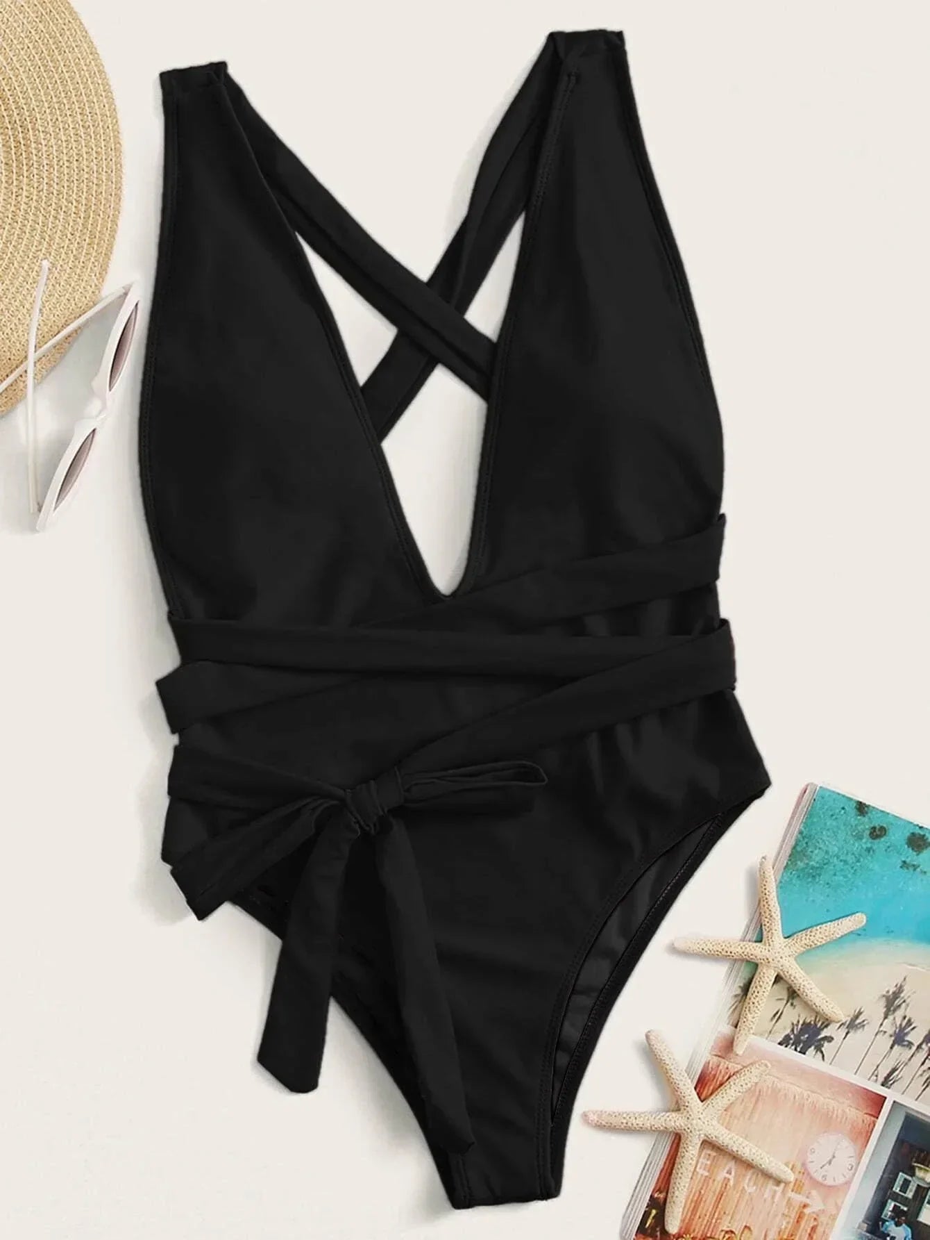 Swimwear- Beach Babe Essential Women's Strappy Plunging One-Piece Swimsuit- - Pekosa Women Fashion