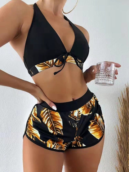 Swimwear- Beach Color Block 3-Piece Halter Bra & Board Shorts Set with Bikini Bottoms- Suit 7- Pekosa Women Fashion