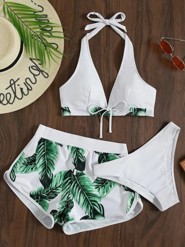 Swimwear- Beach Color Block 3-Piece Halter Bra & Board Shorts Set with Bikini Bottoms- Pattern5- Pekosa Women Fashion