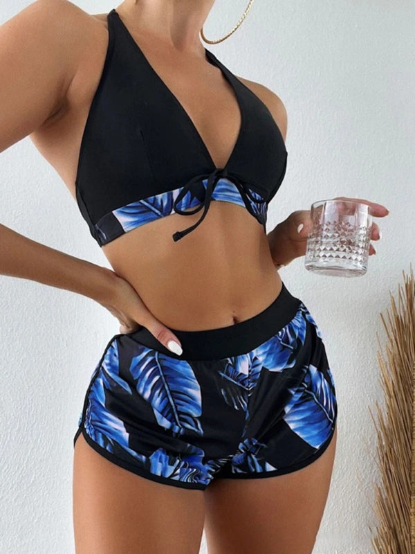 Swimwear- Beach Color Block 3-Piece Halter Bra & Board Shorts Set with Bikini Bottoms- Pattern4- Pekosa Women Fashion