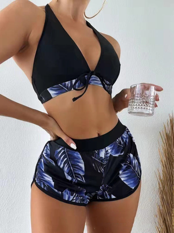 Swimwear- Beach Color Block 3-Piece Halter Bra & Board Shorts Set with Bikini Bottoms- Pattern1- Pekosa Women Fashion