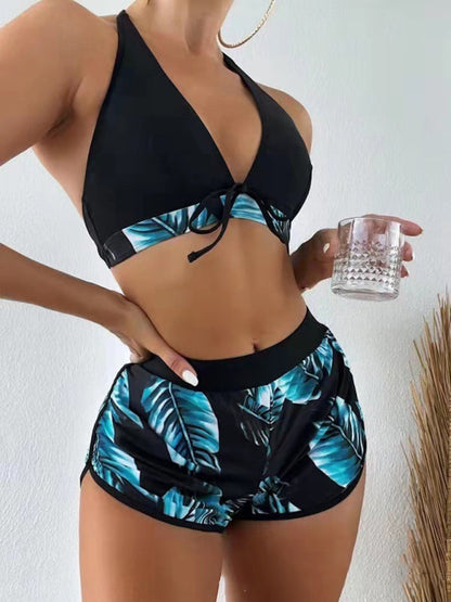 Swimwear- Beach Color Block 3-Piece Halter Bra & Board Shorts Set with Bikini Bottoms- Pattern6- Pekosa Women Fashion