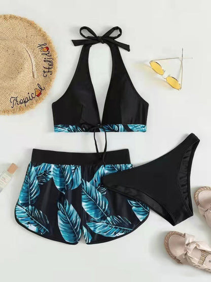 Swimwear- Beach Color Block 3-Piece Halter Bra & Board Shorts Set with Bikini Bottoms- - Pekosa Women Fashion