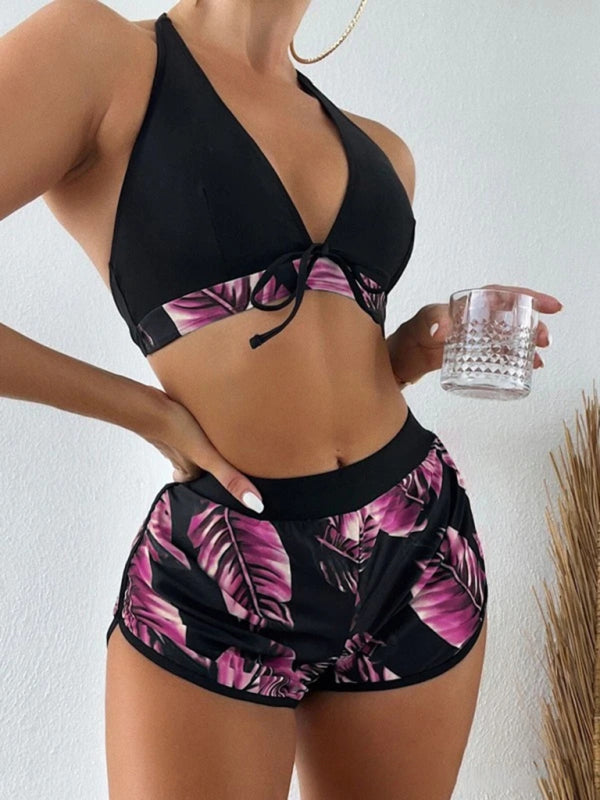 Swimwear- Beach Color Block 3-Piece Halter Bra & Board Shorts Set with Bikini Bottoms- Suit 8- Pekosa Women Fashion