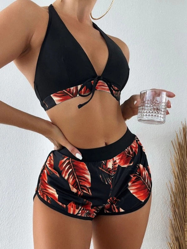 Swimwear- Beach Color Block 3-Piece Halter Bra & Board Shorts Set with Bikini Bottoms- Suit 9- Pekosa Women Fashion