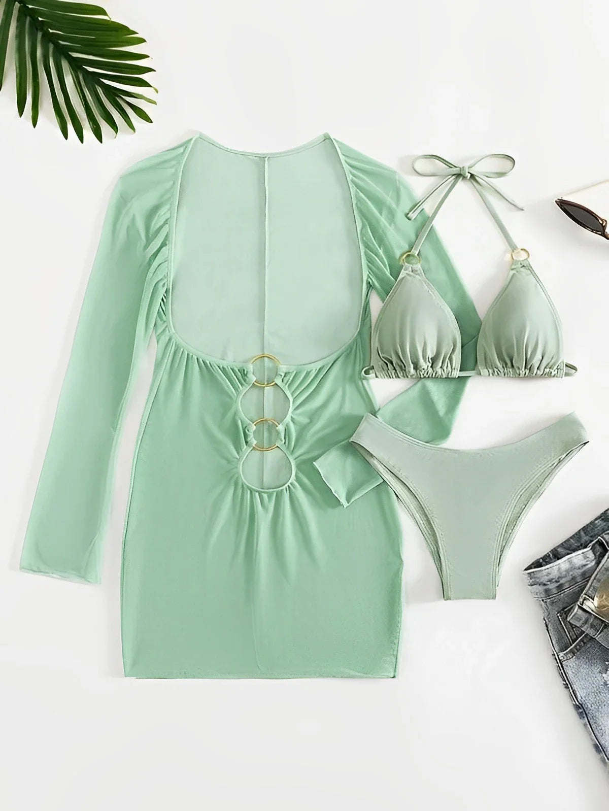 Swimwear- Beach Elegance Women Three-Piece Swimwear with Sheer Cover-Up- - Pekosa Women Fashion