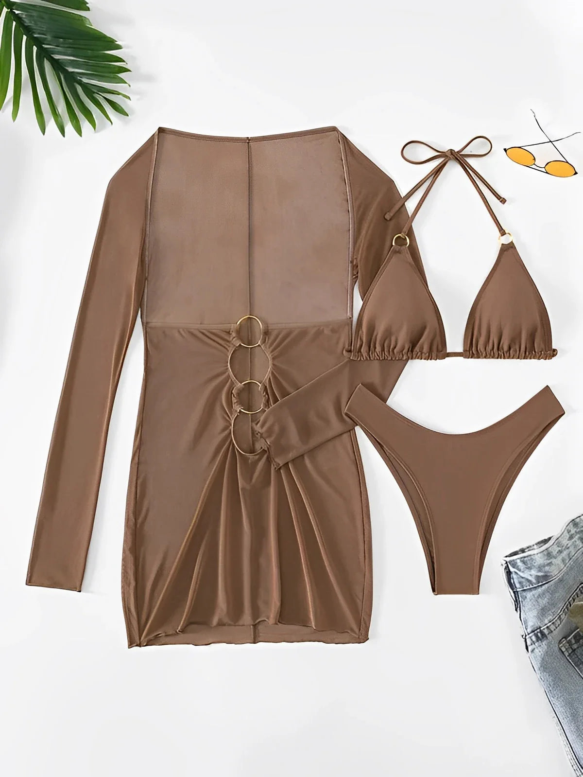 Swimwear- Beach Elegance Women Three-Piece Swimwear with Sheer Cover-Up- - Pekosa Women Fashion