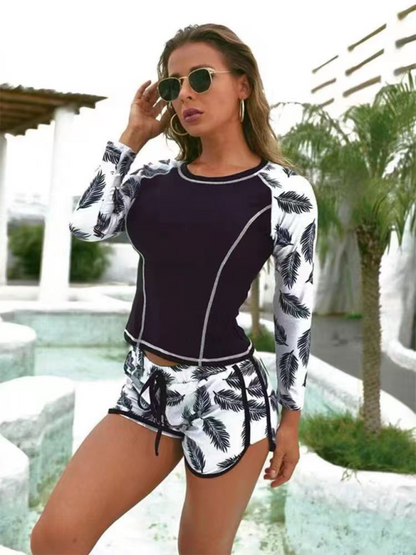 Swimwear- Beach Swim Long Sleeve Top & Shorts for Women's Surfing Adventures- Pattern3- Pekosa Women Fashion