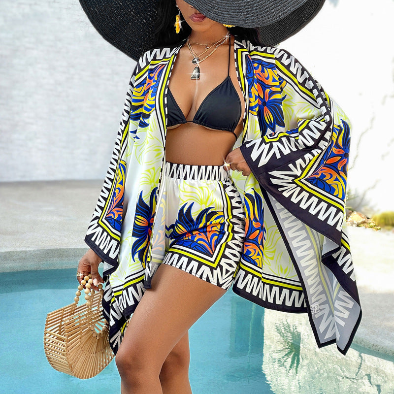 Swimwear- Beach Tribal Print 2-Piece Set with Board Shorts & Kimono Cover-Up- Royal blue- Pekosa Women Fashion