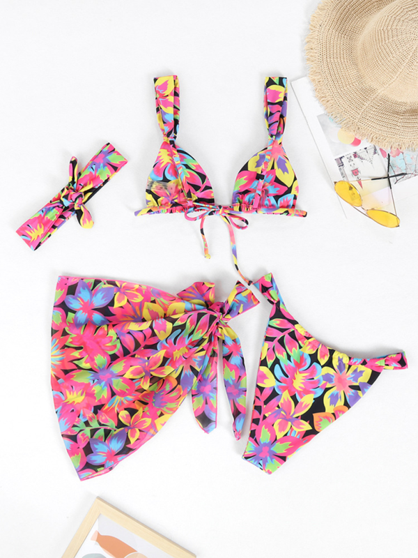 Swimwear- Beachwear Collection 4-Piece Bikini Set with Cover-Up & Headband- - Chuzko Women Clothing