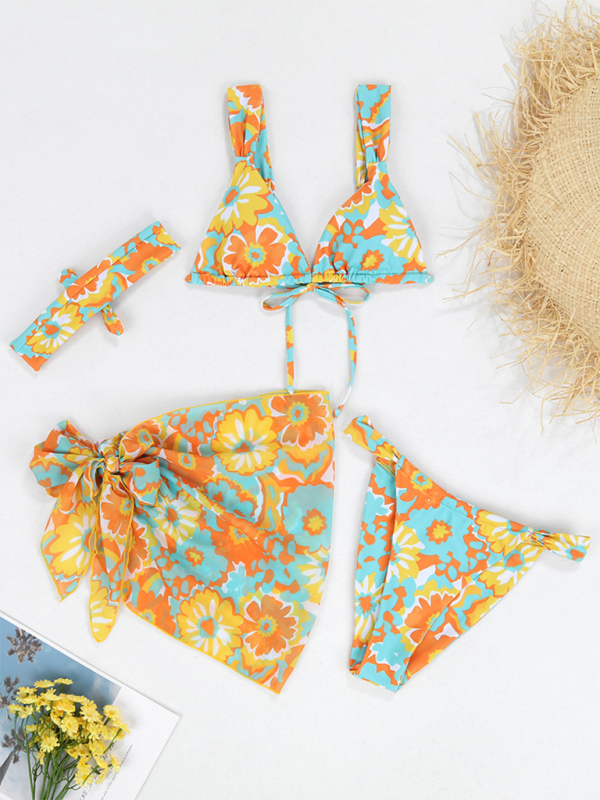 Swimwear- Beachwear Collection 4-Piece Bikini Set with Cover-Up & Headband- - Chuzko Women Clothing