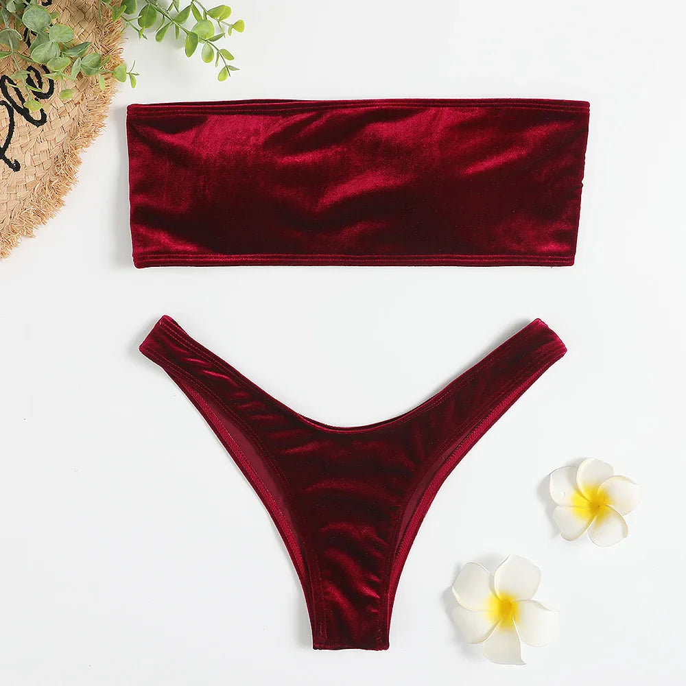 Swimwear- Beachwear Velvet Bandeau Bra & Bikini Set for Women- - Pekosa Women Fashion