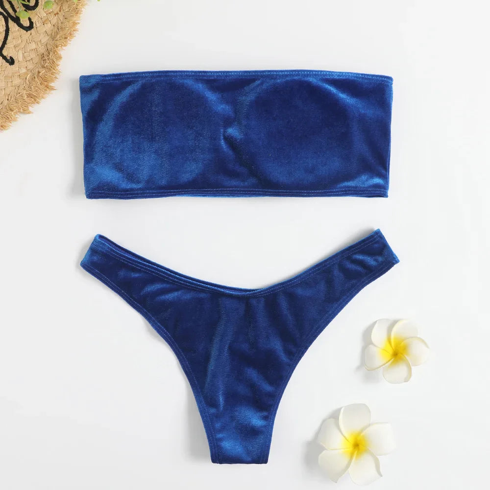 Swimwear- Beachwear Velvet Bandeau Bra & Bikini Set for Women- - Pekosa Women Fashion